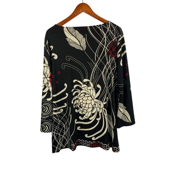 Chicos Black Long Sleeve Floral Tunic Top Size 2 Polyester Spandex Blend - Picture 2 of 6